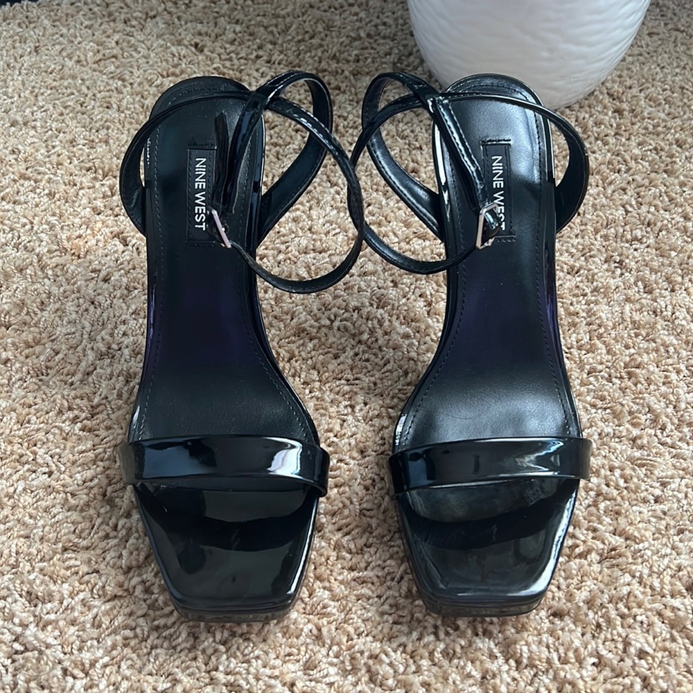Nine West Black Patent Square-Toe Strappy Heels